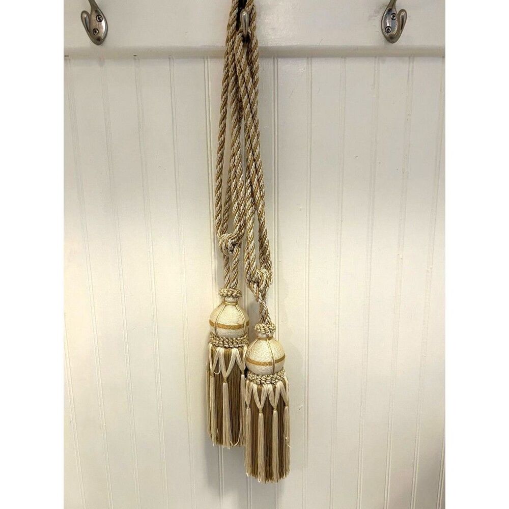 2 Gold & Cream Tassel Braided Cord Drapery Tie Backs